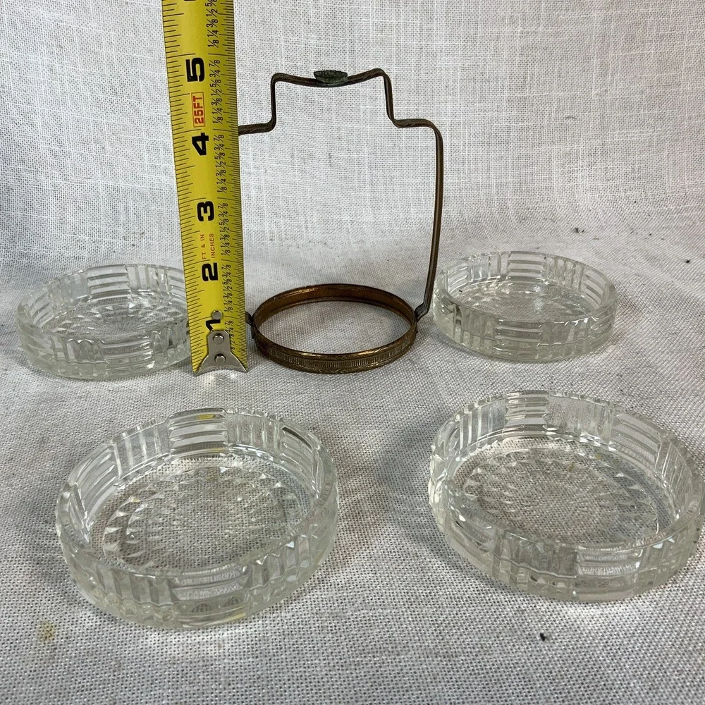 Vintage 4‎  Glass  Coasters With Filigree Brass Carrying Tray, Retro Barware